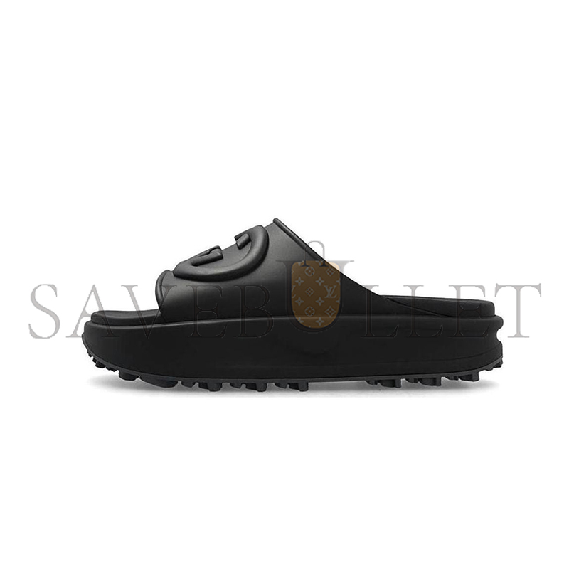 G*u*i interlocking g slide sandal black rubber 692380